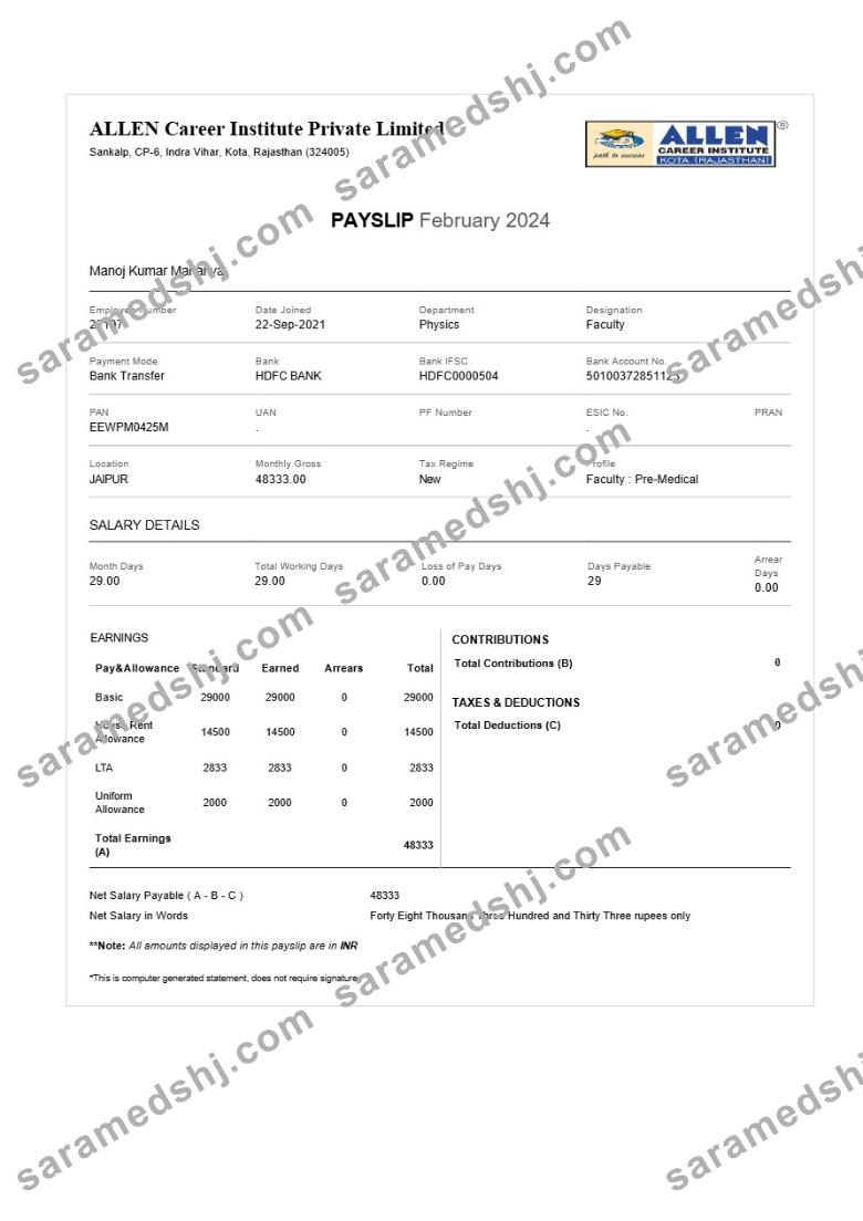 ALLEN Career Institute payslip template in Word and PDF formats.pdf, 1